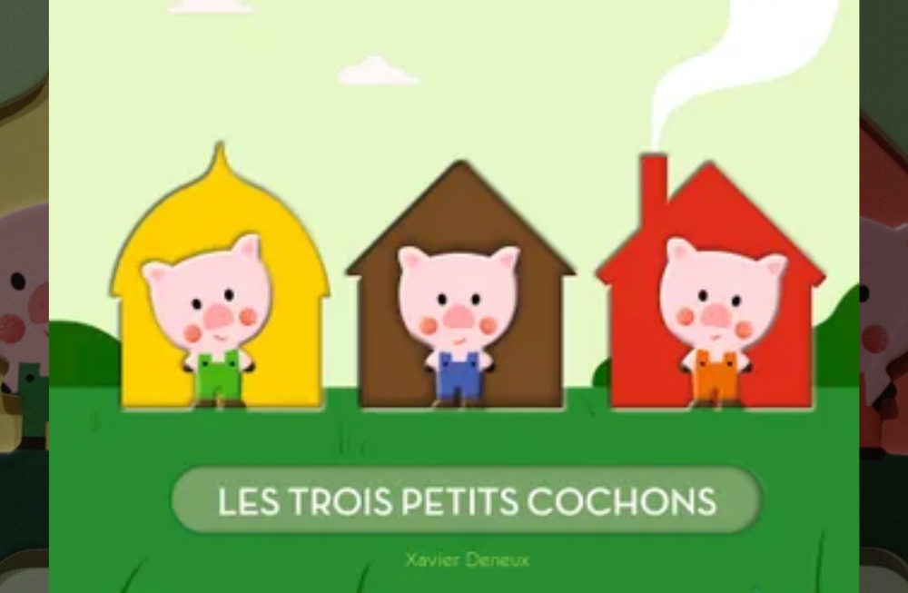 Les trois petits cochons devant leurs maisons simplifiées et en creux