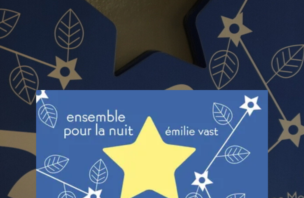 Un joli cartonné avec des illustrations blanches sur fond bleu (une girafe au milieu de feuilles) L'étoile centrale est évidée